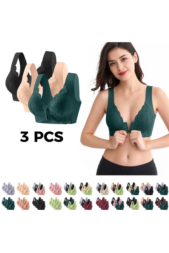 3PC Plus Size Bras for Women Wireless Full Coverage Bralettes Front Closure Lace Bras Comfort Breathable Push Up Brasieres Pack of 3 Beige Bras,Size M-5XL