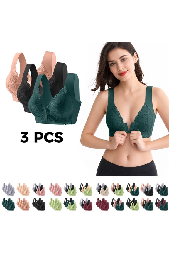 3PC Plus Size Bras for Women Wireless Full Coverage Bralettes Front Closure Lace Bras Comfort Breathable Push Up Brasieres Pack of 3 Coffee Bras,Size M-5XL