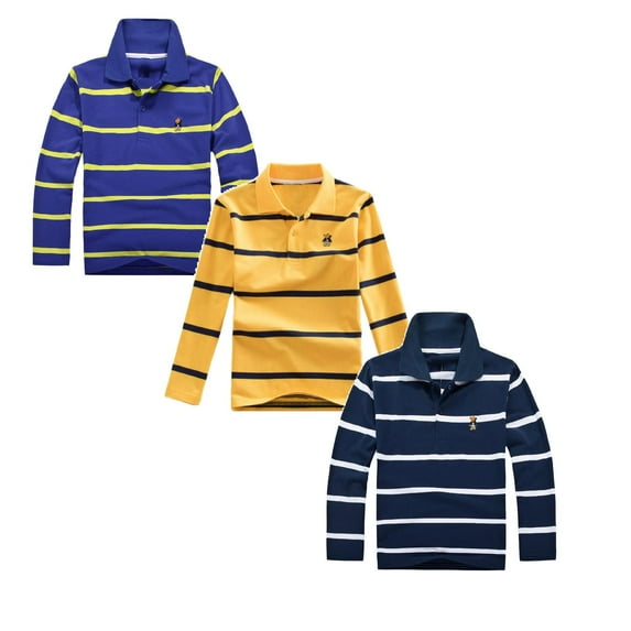 3PC Polo Shirt for Boys Uniform 7-8 Years Long Sleeve Striped Shirt Button Closure School Uniform Tee Big Boys Cotton Breathable Fabric Polo Rugby Shirt Tops