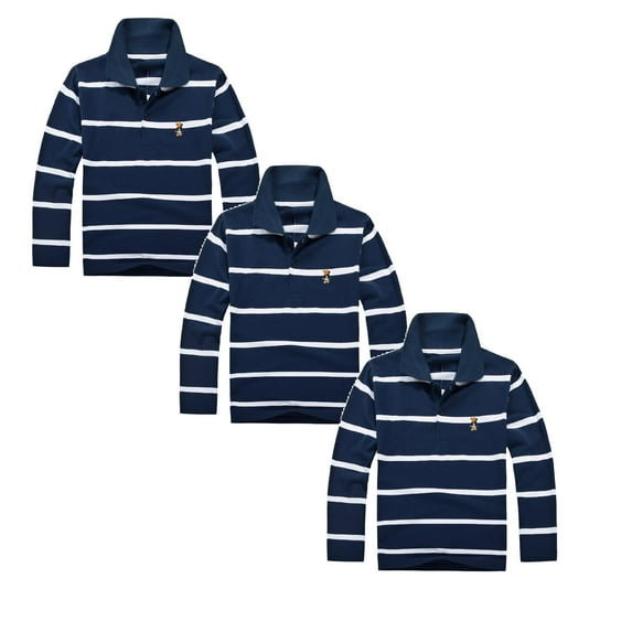 3PC Polo Shirts for Boys 10-11 Years Long Sleeve Striped Shirt Button Closure School Uniform Tee Big Boys Cotton Breathable Fabric Polo Rugby Shirt Tops