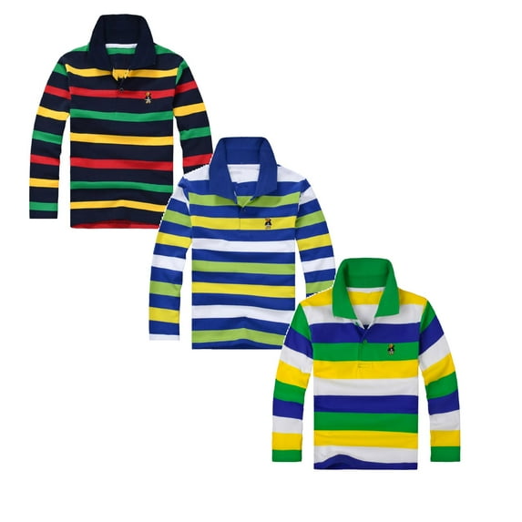 3PC Polo Shirts for Boys 11-12 Years Long Sleeve Striped Shirt Button Closure School Uniform Tee Big Boys Cotton Breathable Fabric Polo Rugby Shirt Tops