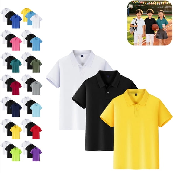 3PC Polo Shirts for Kids School Uniform Relaxed Fit Back To School Short Sleeve Button Down Shirts Comfortable Solid Color Pullover for Boys & Girls Yellow 4-5 Years