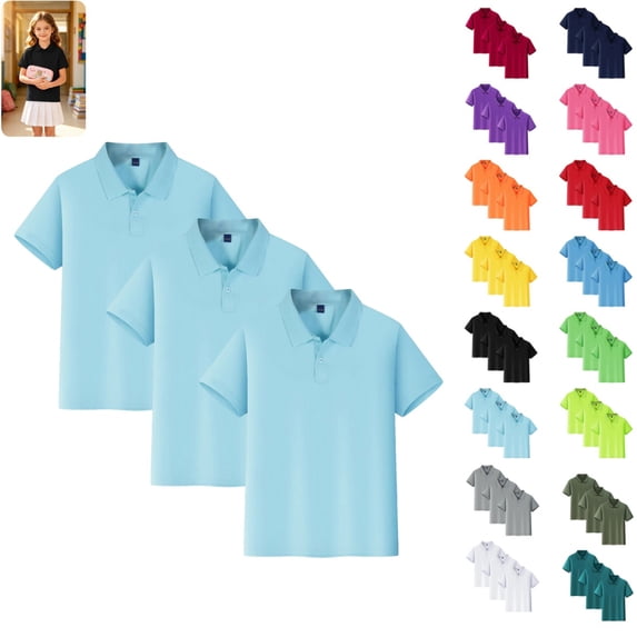 3PC Polo Shirts for Kids School Uniform Relaxed Fit Back To School Short Sleeve Button Up T-Shirts Comfort Solid Color Pullover for Boys & Girls Light Blue 3-4 Years