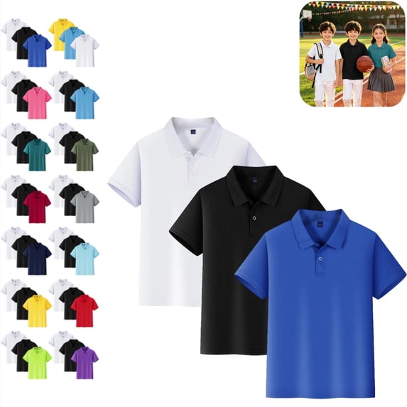 3PC Polo Shirts for Kids School Uniform Relaxed Fit Back To School Short Sleeve Button-Up Tshirts Comfort Solid Color Pullover for Boys & Girls Royal Blue 8-9 Years