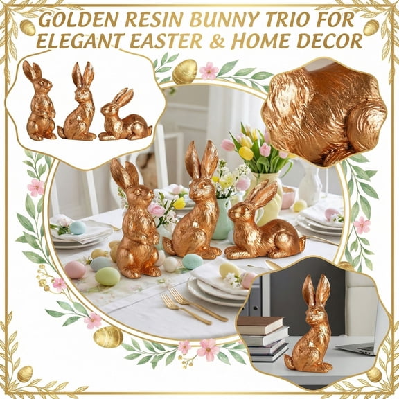 3PC Resin Bunny Statues Shiny Gold, Rabbit Figurines for Dining Table Centerpiece Office Desk, Easter Decorations Spring Holiday Ornaments Home Decor