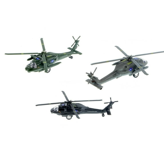 3PC SET: 8" Black Hawk Helicopter Diecast Army Military Model Airplane Toy