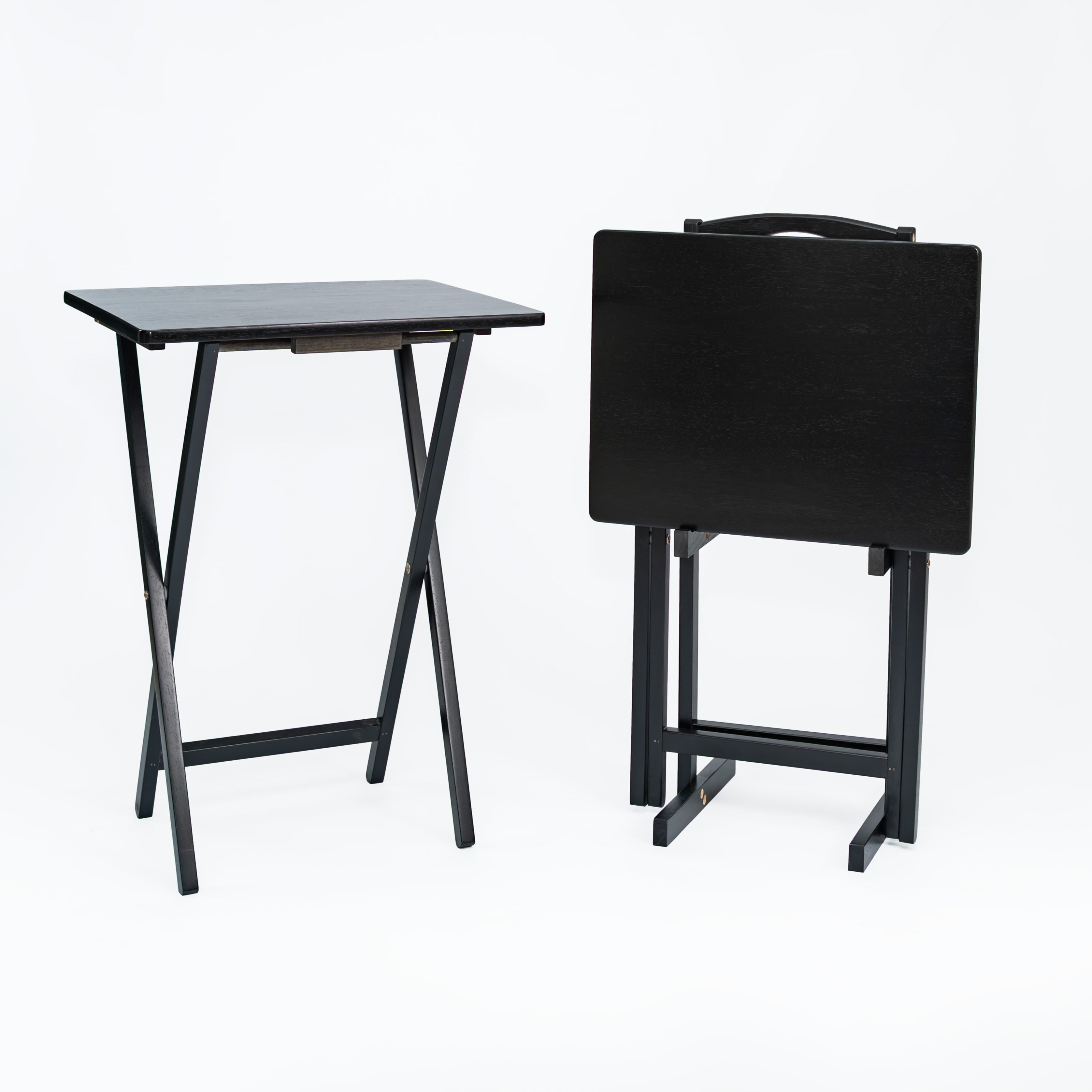 Mainstays Folding TV Tray Table Set of 2 with Storage Rack, Black, Rubberwood, Indoor, 19" L x 14.5" W x 26" H