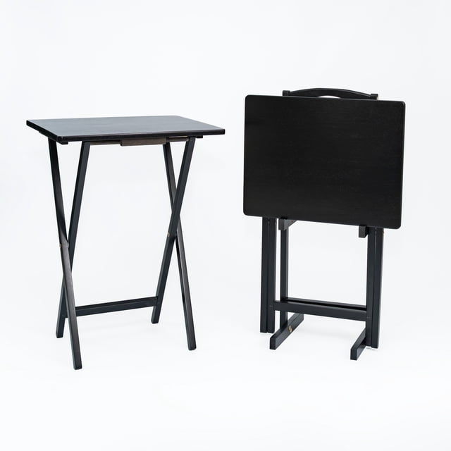 Mainstays Rubberwood Folding TV Tray Table Set with Storage Rack, 2-Piece, Black