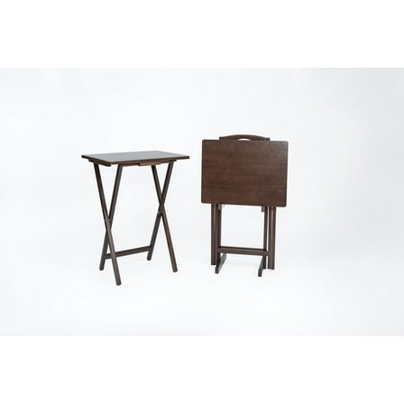 Mainstays Folding TV Tray Table Set of 2 with Storage Rack, Walnut, Rubberwood, Indoor, 19" L x 14.5" W x 26" H