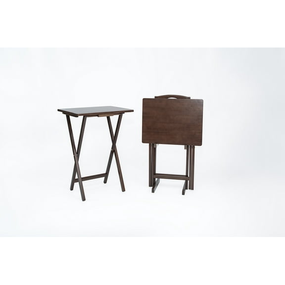 Mainstays Folding TV Tray Table Set of 2 with Storage Rack, Walnut, Rubberwood, Indoor, 19" L x 14.5" W x 26" H
