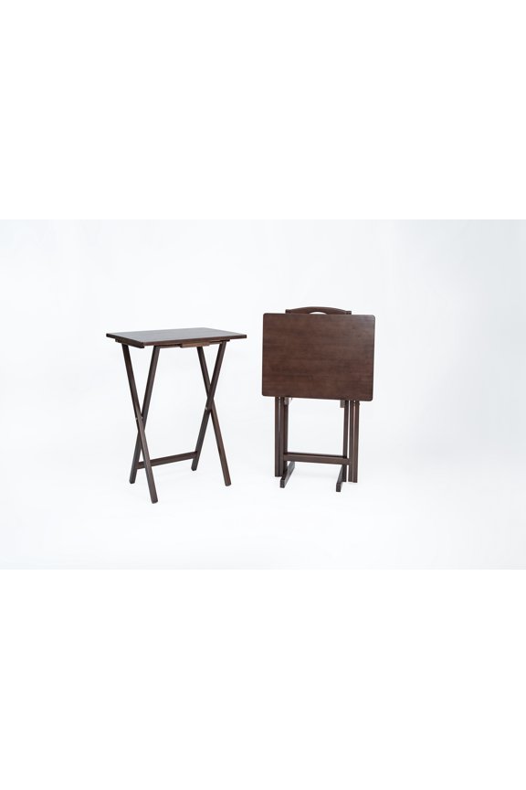 3-Piece Rubberwood Folding TV Tray Table Set of 2 with Storage Rack, Walnut