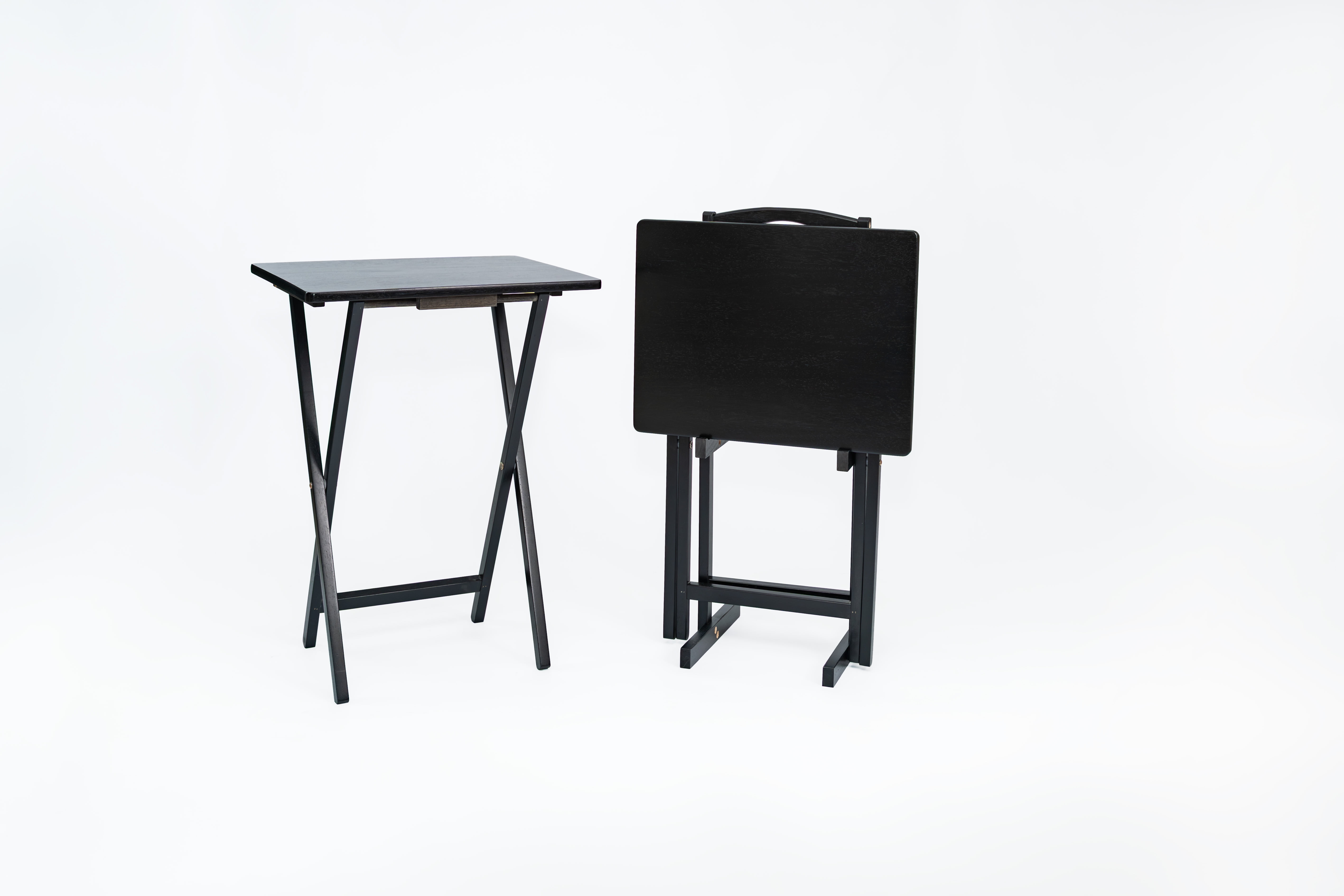 Mainstays Folding TV Tray Table Set of 2 with Storage Rack, Black, Rubberwood, Indoor, 19" L x 14.5" W x 26" H