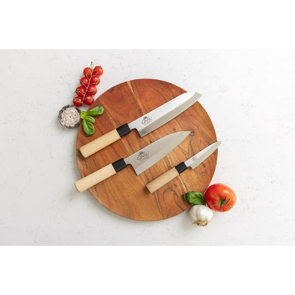 3PC SET GINSU KATANA ORIGINS. 8" CHEF, 6" DEBA, 3.9" PARING KNIFE -420J2 Japanese Stainless Steel- single bevel forged blades with maple handle