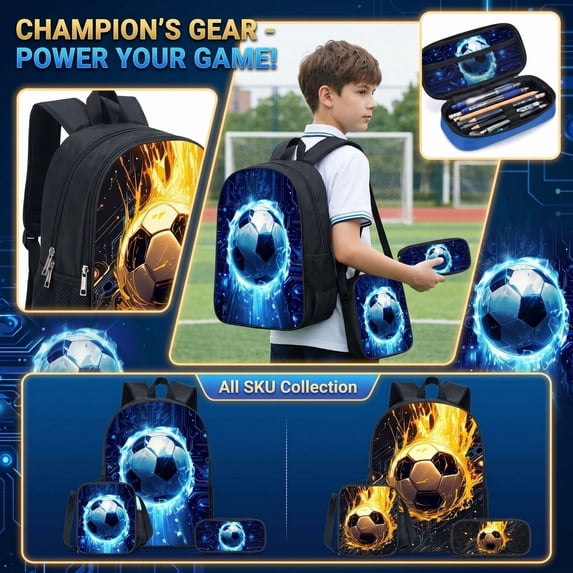 3PC School Backpack, Soccer Bookbag Set with Lunch Bag, Water Resistant School Backpacks for Middle