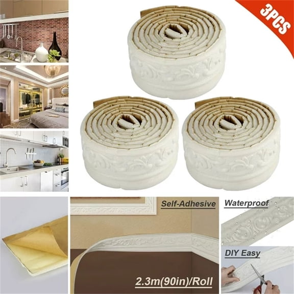 3PC Self-Adhesive 3D Foam Wall Molding Trim - Flexible Skirting Line Sticker | Waterproof Waistline Border for Home Decor, DIY Wall Trim | Baseboard Sticker, Wall Edge Decor, Foam Molding(White)
