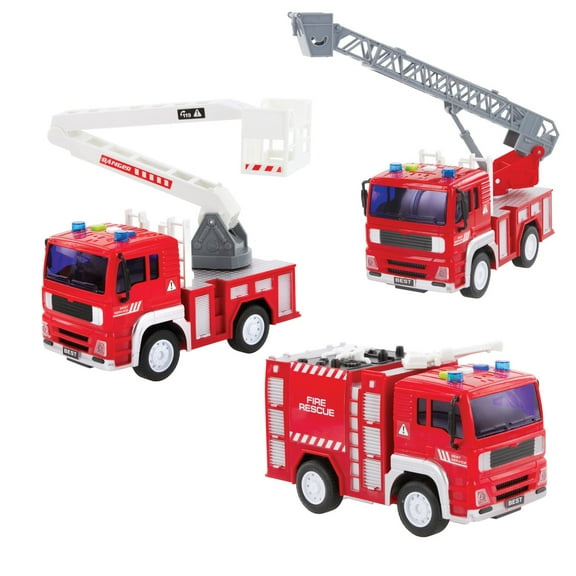 3PC Set: 7" Friction Power Fire Truck Firefighter Rescue Light & Sound Kids Toy