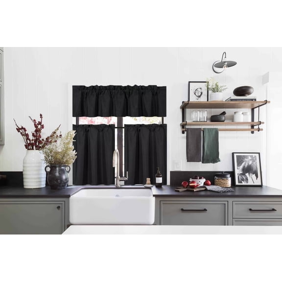 3PC Set Black Color Kitchen Window Dressing Lined Blackout Curtain Panel 2 Tier +1 Valance K-3