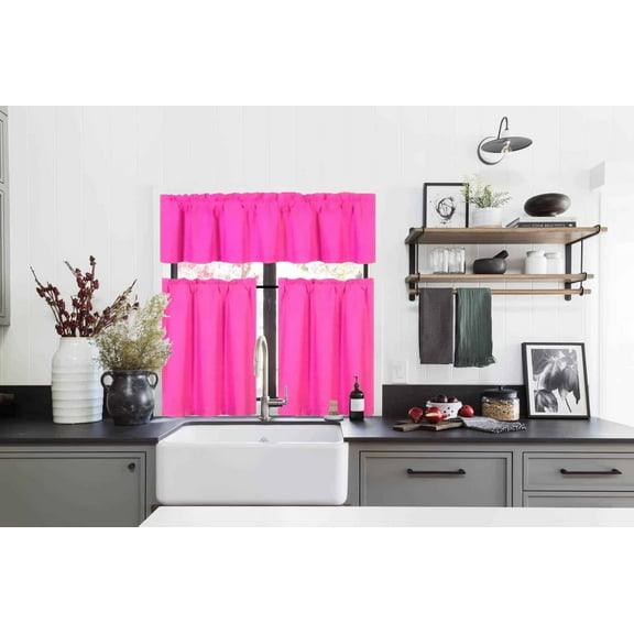 3PC Set Hot pink Color Kitchen Window Dressing Lined Blackout Curtain Panel 2 Tier +1 Valance K-3