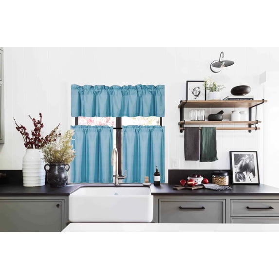 3PC Set Light Blue Color Kitchen Window Dressing Lined Blackout Curtain Panel 2 Tier +1 Valance K-3