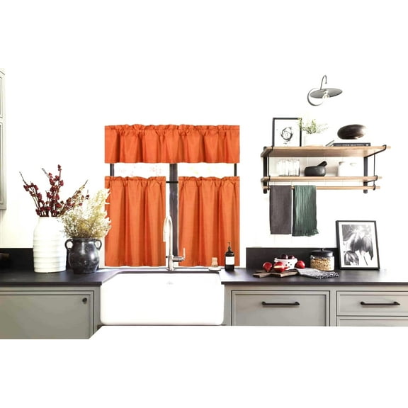 3PC Set Orange Color Kitchen Window Dressing Lined Blackout Curtain Panel 2 Tier +1 Valance K-3
