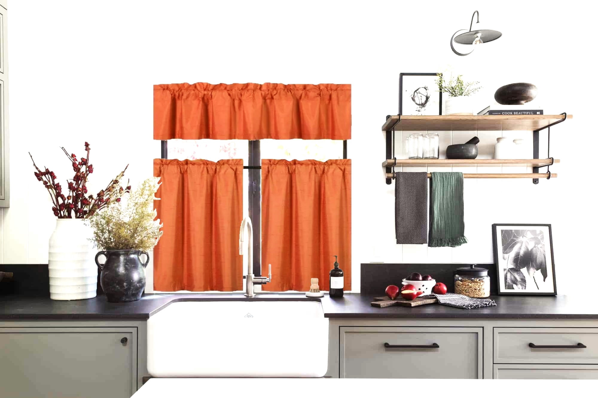 3PC Set Orange Color Kitchen Window Dressing Lined Blackout Curtain Panel 2 Tier +1 Valance K-3