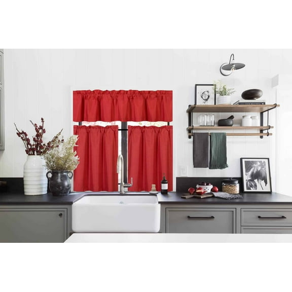3PC Set Red Color Kitchen Window Dressing Lined Blackout Curtain Panel 2 Tier +1 Valance K-3