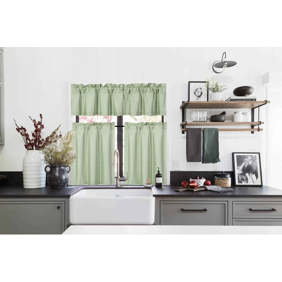 3PC Set Sage Color Kitchen Window Dressing Lined Blackout Curtain Panel 2 Tier +1 Valance K-3
