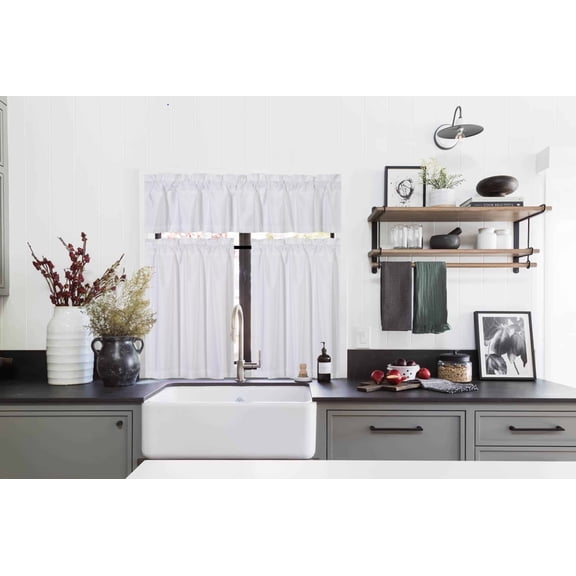 3PC Set White Color Kitchen Window Dressing Lined Blackout Curtain Panel 2 Tier +1 Valance K-3