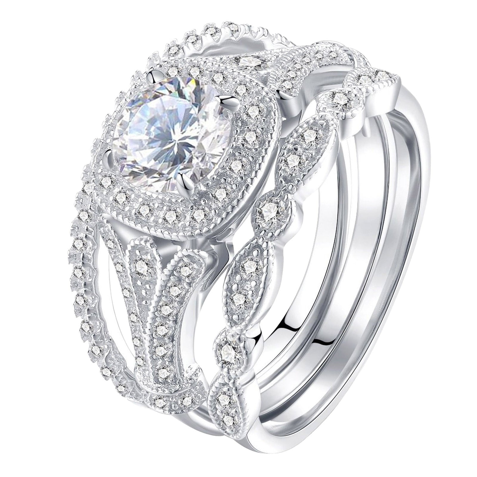3PC Silver Rhinestone Cubic Zirconia Bridal Rhinestone Engagement Ring