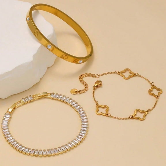 3-Piece 14K Gold Plated Stackable Bracelet Set for Women - Luxury Tennis Chain Jewelry Trendy Layered Bracelets Gift Set