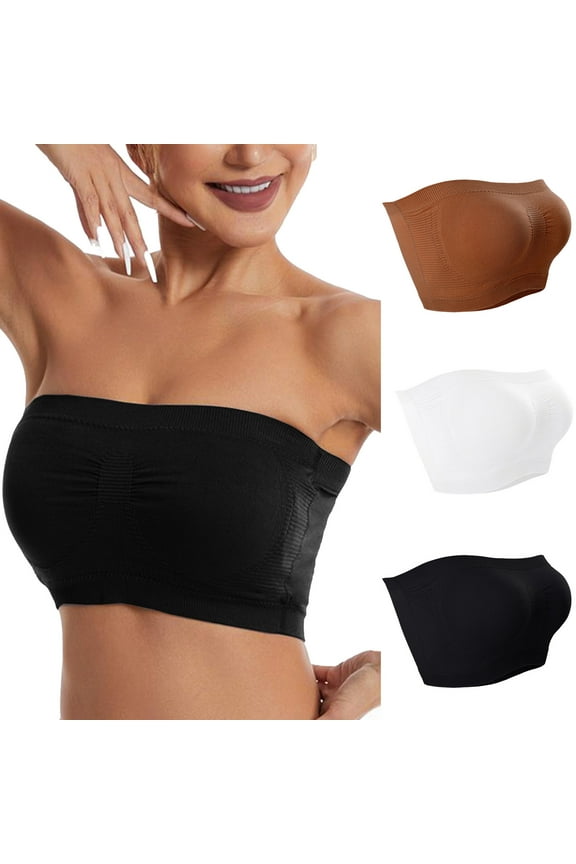 3PC Strapless Bras for Women Comfort Non-Slip Seamless Padded Bralette Clear Straps Wireless Tube Top Bra Black 2XL