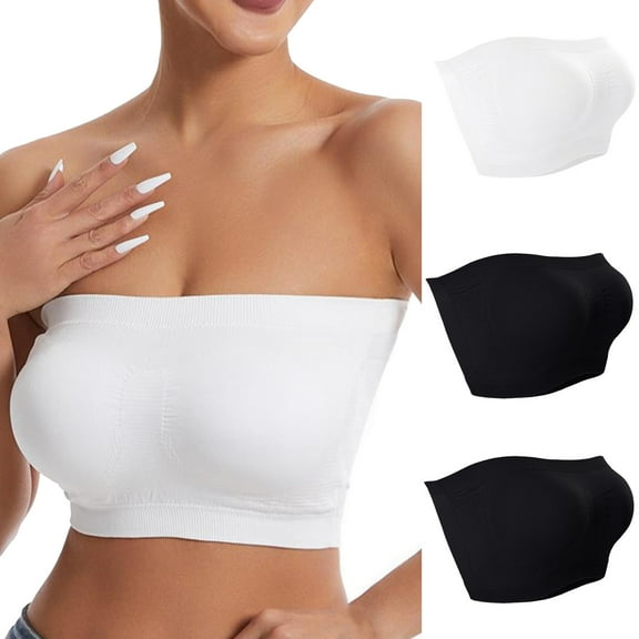 3PC Strapless Bras for Women Comfort Non-Slip Seamless Padded Bralette Clear Straps Wireless Tube Top Bra White M