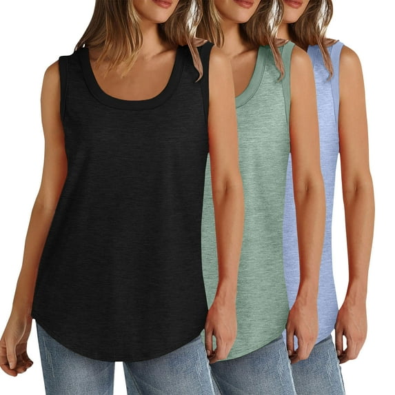 3PC Tank Top for Women Plus Size Tops Summer Solid Color Round Neck Casual Loose Sleeveless Tops Ribbed Curved Hem Tunic Shirt