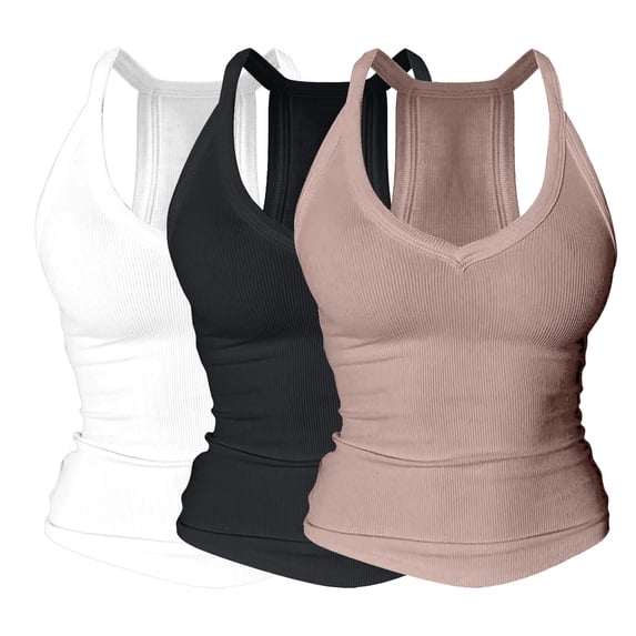 3PC V Neck Tank Tops for Women with Shelf Bra,Ribbed Sleeveless Racerback Basic Shirts,Sexy Fitted Camisole Undershirt,Cotton Stretch Layering Tanks for Daily Wear Brown M