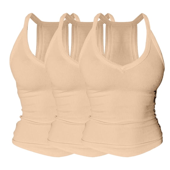 3PC V Neck Tank Tops for Women with Shelf Bra,Ribbed Sleeveless Racerback Basic Shirts,Sexy Fitted Camisole Undershirt,Cotton Stretch Layering Tanks for Daily Wear Beige L