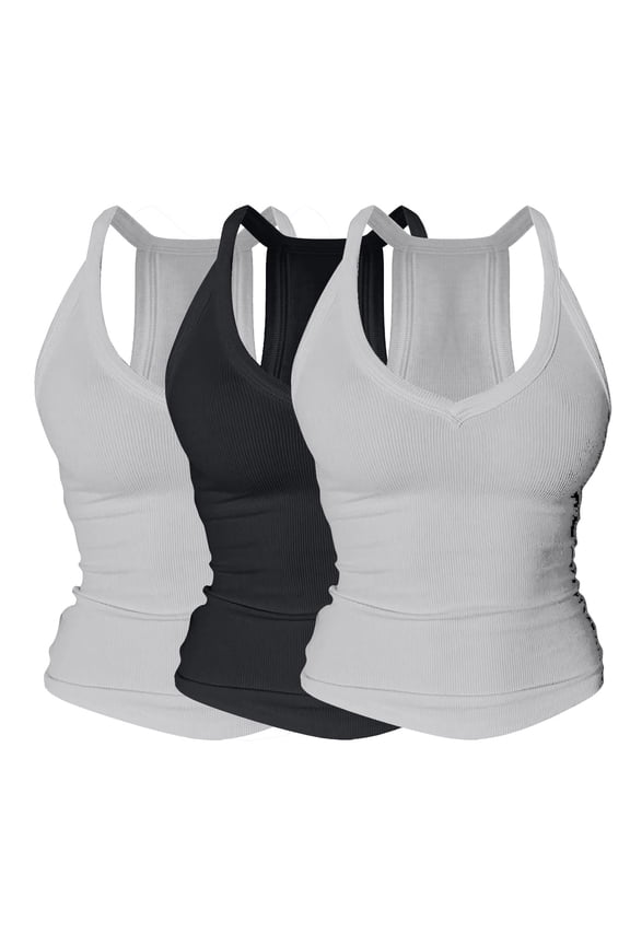 3PC V Neck Tank Tops for Women with Shelf Bra,Ribbed Sleeveless Racerback Basic Shirts,Sexy Fitted Camisole Undershirt,Cotton Stretch Layering Tanks for Daily Wear Camouflage L
