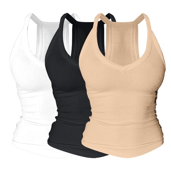 3PC V Neck Tank Tops for Women with Shelf Bra,Ribbed Sleeveless Racerback Basic Shirts,Sexy Fitted Camisole Undershirt,Cotton Stretch Layering Tanks for Daily Wear Coffee XL