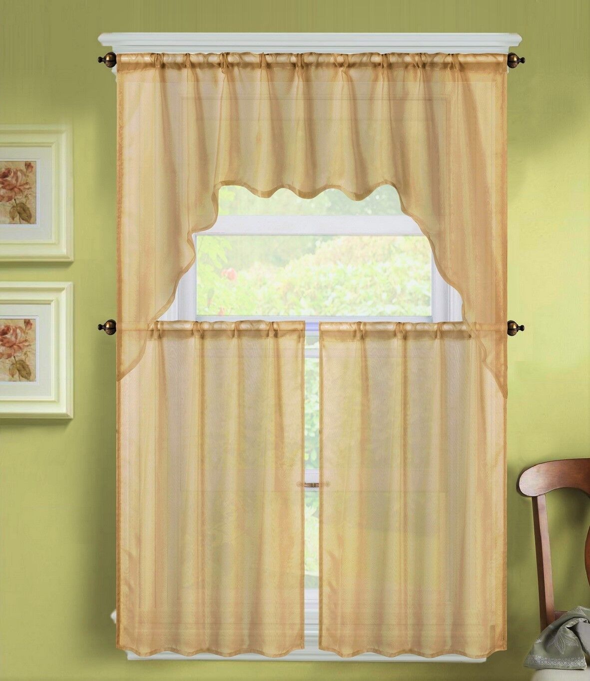 3PC VOILE SHEER KITCHEN WINDOW CURTAIN TREATMENT 2 TIERS AND 1 SWAG ...