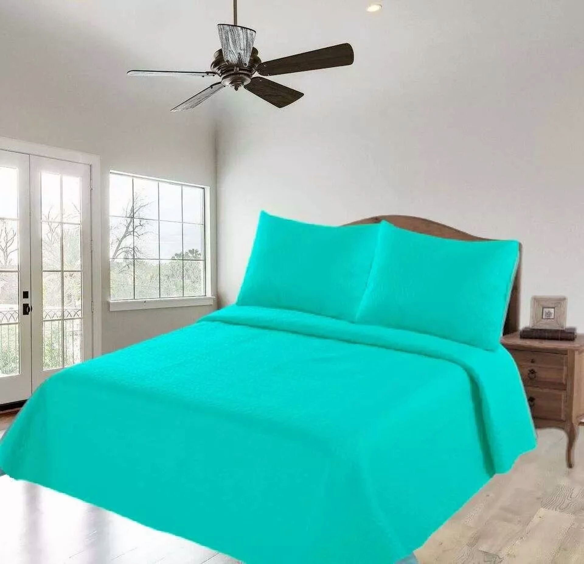 Gorgeous Home Linen 3PC Warm Quilt Set Midwest Queen Turquoise Aqua Solid Coverlet Bedding 1 Quilt Size: 86" X 86" + 2 Pillowcase