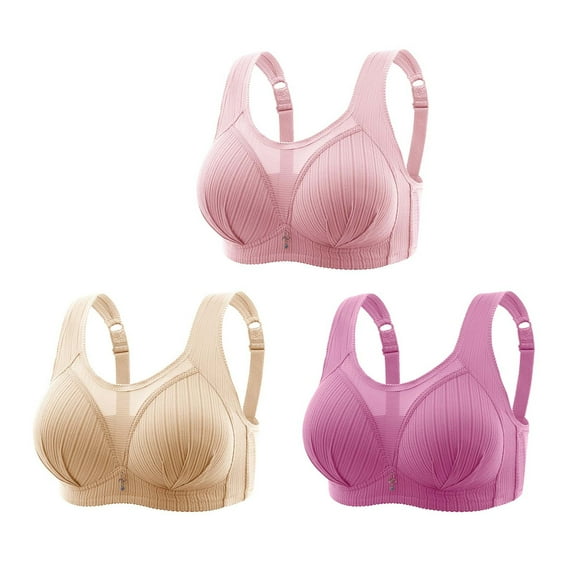 3PC Women Bras Plus Size Non-Steel Ring Non-Magnetic Buckle Breathable Exhaust Base Underwear Senior Bras Pink XL