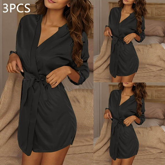 3PC Women Lightweight Bathrobes V Neck Comfy Solid Color Loungewear Long Sleeve Housecoat Short Nightwear Style B-7 New Black One Size