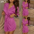 thumbnail image 1 of 3PC Women Lightweight Bathrobes V Neck Comfy Solid Color Loungewear Long Sleeve Housecoat Short Nightwear Style B-7 New Purple One Size, 1 of 7
