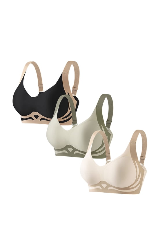 3PC Women's Anti-Sagging Push Up Bra - Wireless Full Coverage Bralette | Color Block Seamless Supportive Lifting Bras