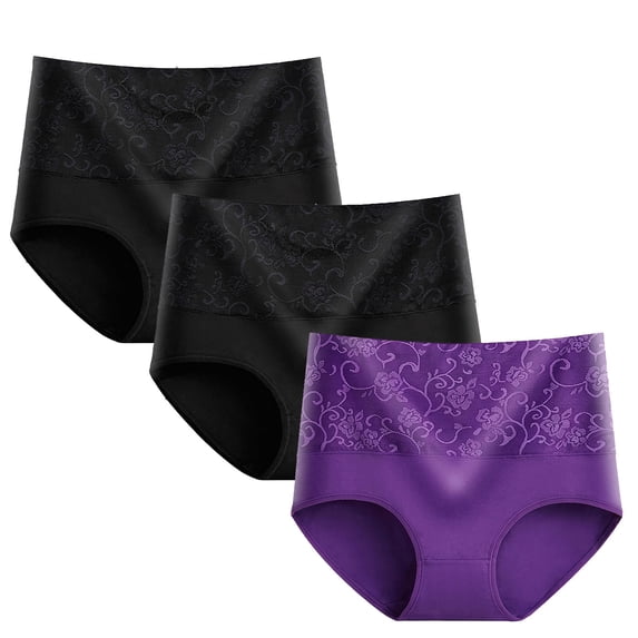 3PC Women's Cotton Underwear High Waisted Tummy Control Roses Jacquard Ladies Panties Full Coverage Briefs 3 Pack