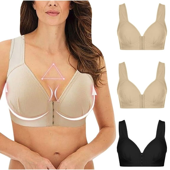 3PC Women's Front Closure Bra Full Coverage Wirefree Comfortable Bras Non Padded Plus Size Solid Color Wide Shoulder Strap Women's Wireless Bra Back Smoothing Bras Running Sports Bras