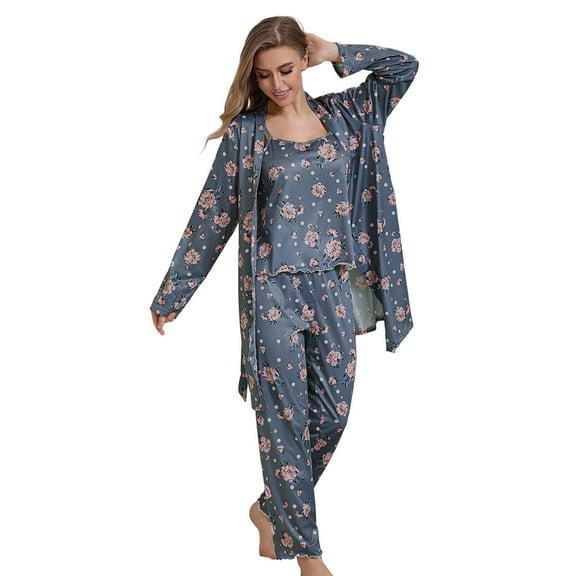 3PC Women's Home Nightwear Pajamas Set - Long Sleeve Strap Sleeping Skirt Pajama and Long Pants, 3-Piece Set