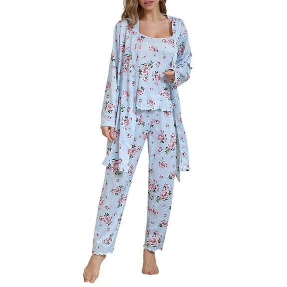 3PC Women's Home Nightwear Pajamas Set - Long Sleeve Strap Sleeping Skirt Pajama and Long Pants, 3-Piece Set