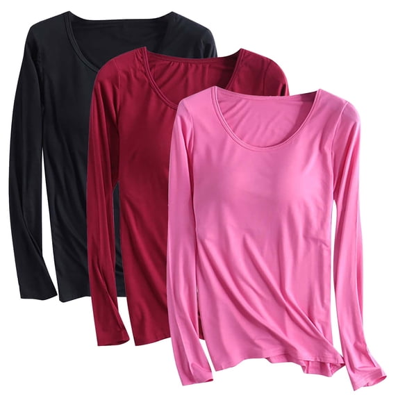 3PC Women’s Pajamas Sleep Tops for Women Women Sleepwear Women's Color Household Clothes with Chest Pads T-Shirt Long Sleeved Pajama Comfortable Base for External Wear Round Neck