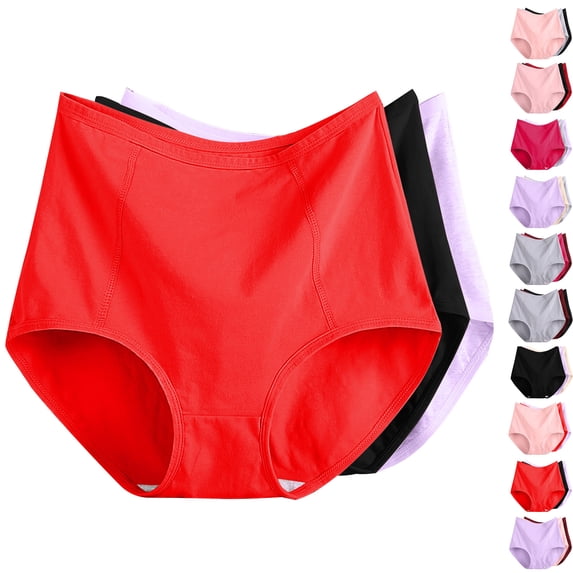 3PC Women's Soft Underwear Double Support Stretch Brief Panties Underwear for Women Plus Size Solid Color High Waist Leak Proof Cotton Underwear Breathable Panties Period Underwear XL-6XL