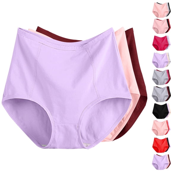 3PC Women's Soft Underwear Double Support Stretch Brief Panties Underwear for Women Plus Size Solid Color High Waist Leak Proof Cotton Underwear Breathable Panties Period Underwear XL-6XL